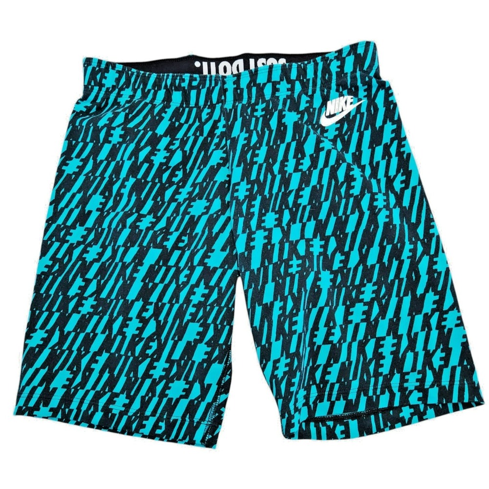 Nike Boys Teal Black Logo Print Bike‎ Shorts Size Medium Activewear Athletic